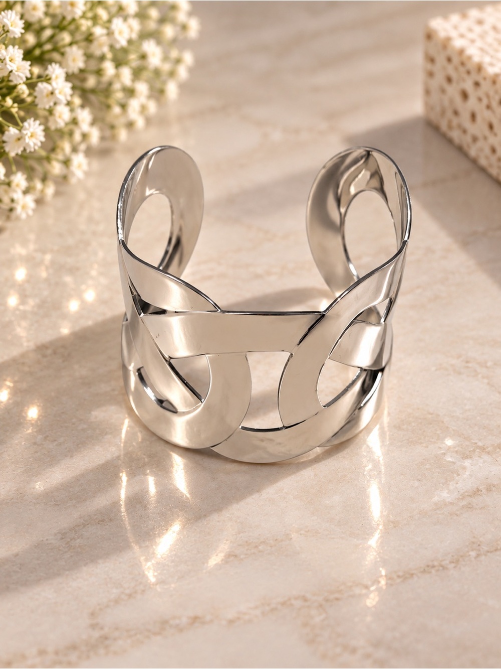 Polished Silver Link Cuff Bracelet - Women Jewelry